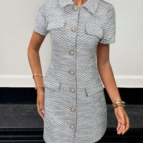 Elegant Women's Black and White Plaid tweed Short Sleeve mini Dress - Picture 4 of 6